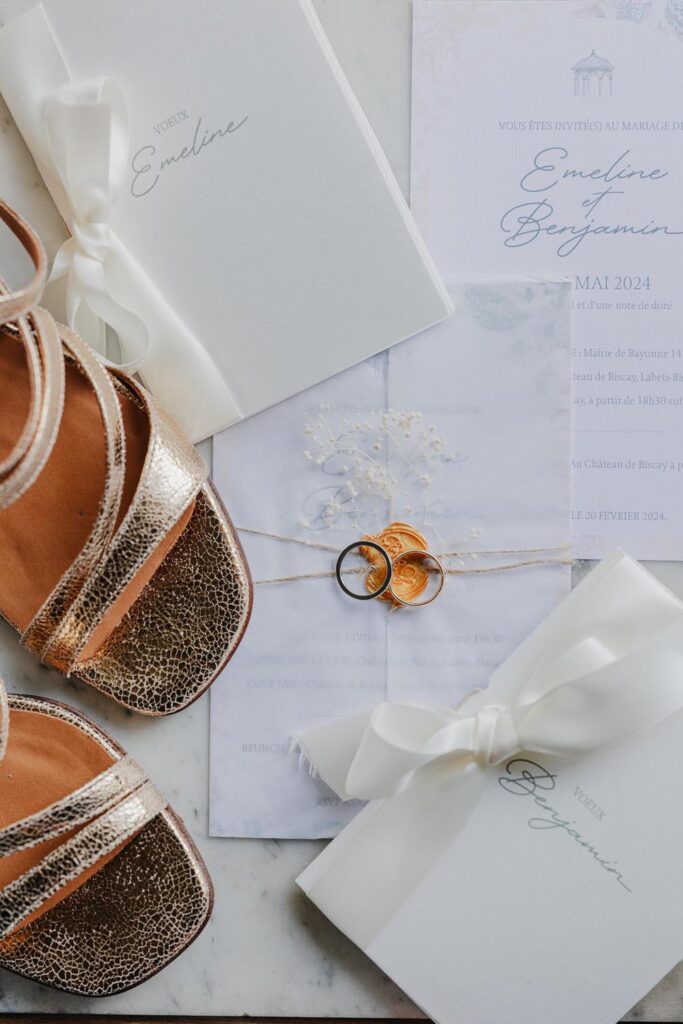 faire-part et alliances d'une mariée lors de son mariage au château de biscay